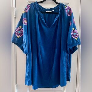 Kim Gravel Blue Short Sleeve Top with Embroidery
